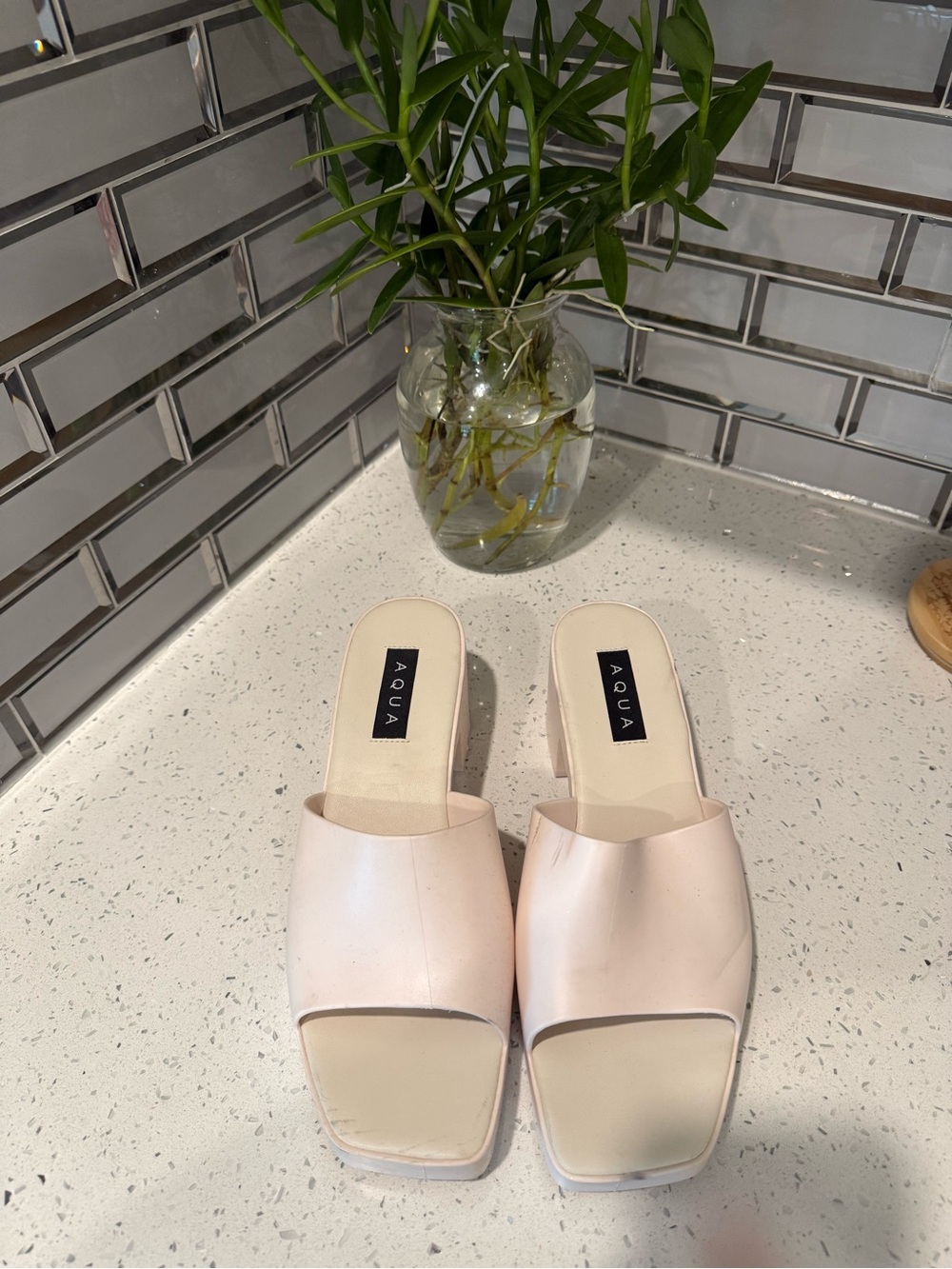Aqua Pale Pink Square-Toe Slide Mules